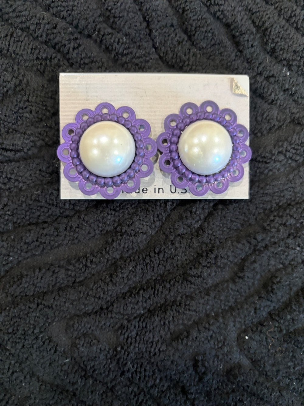 Purple Floral Pearl Button Earrings